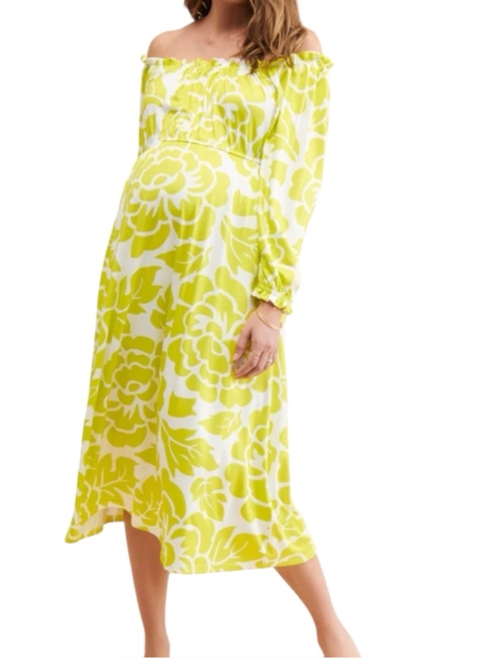 Hutch Maternity Lime Green Floral Off-the-Shoulder Midi Dress